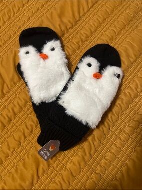 Black & White Penguin Mittens with Orange Beak - Cozy Women’s Gloves